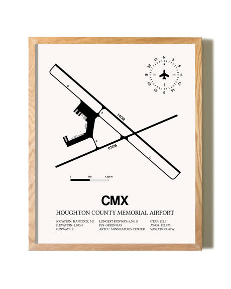 Houghton County Memorial Airport framed print in natural wood frame