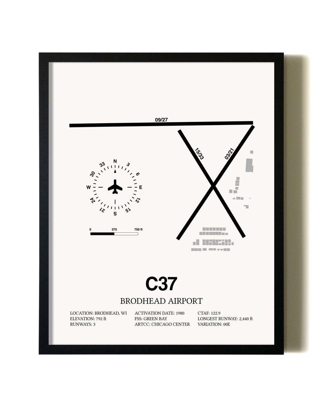 Framed Brodhead Airport wall art poster in black frame