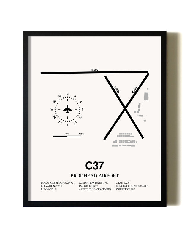 Framed Brodhead Airport wall art poster in black frame