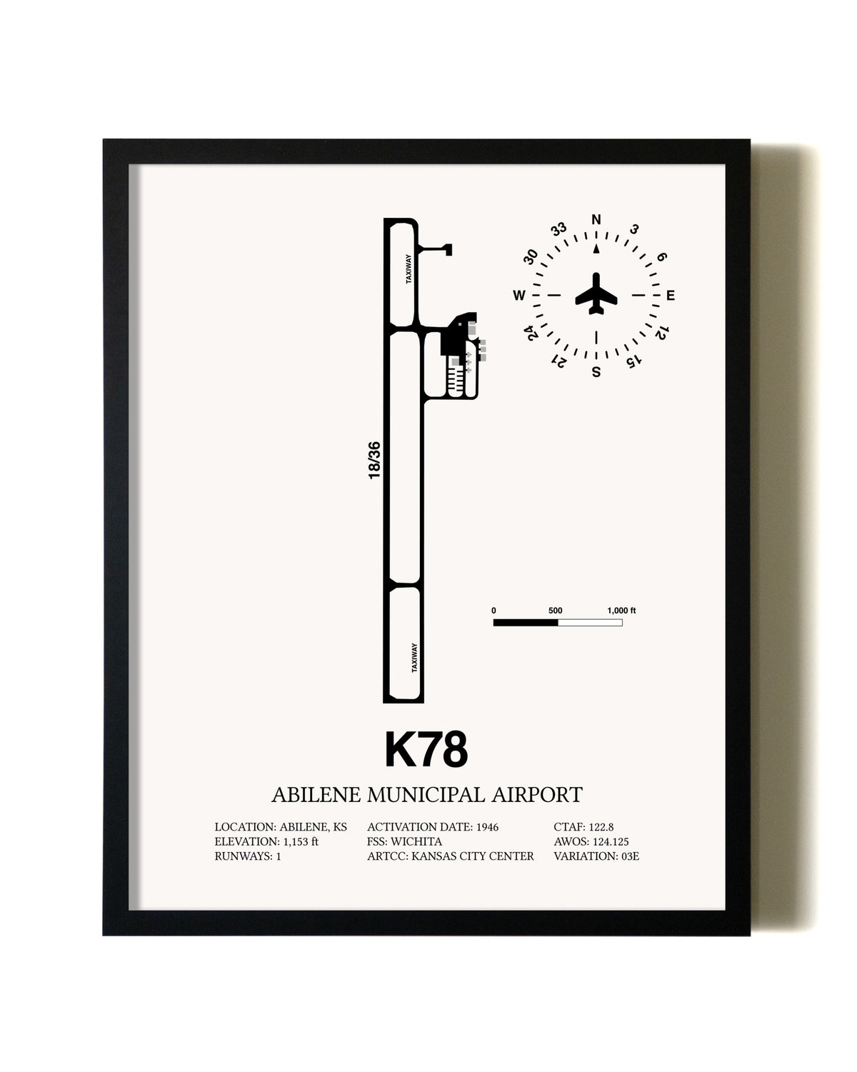 Framed Abilene Municipal Airport wall art poster in black frame