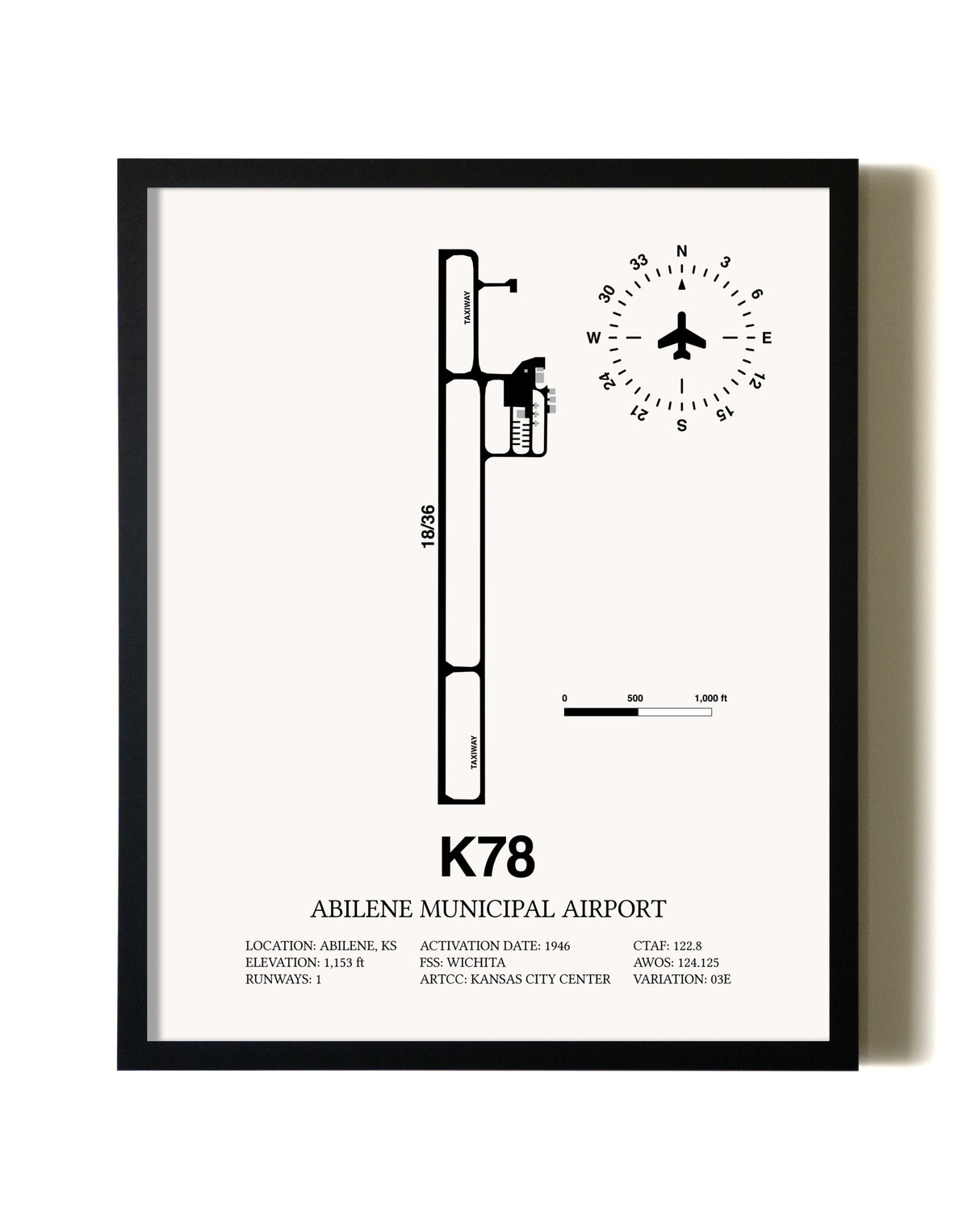 Framed Abilene Municipal Airport wall art poster in black frame