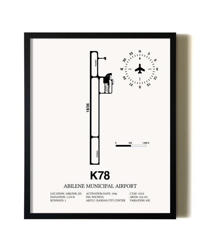 Framed Abilene Municipal Airport wall art poster in black frame