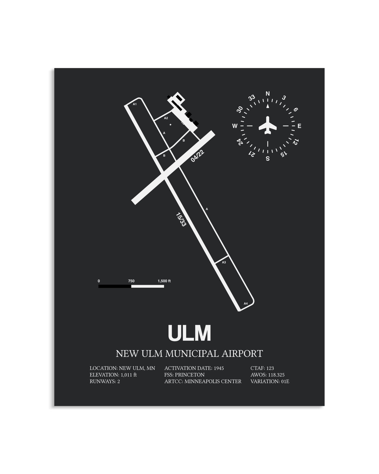 Gray Framed New Ulm Municipal Airport layout wall art poster