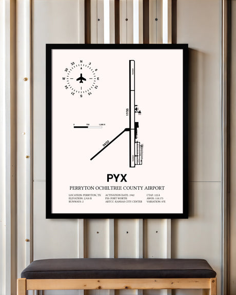 Perryton Ochiltree County Airport framed poster displayed in an airplane hangar