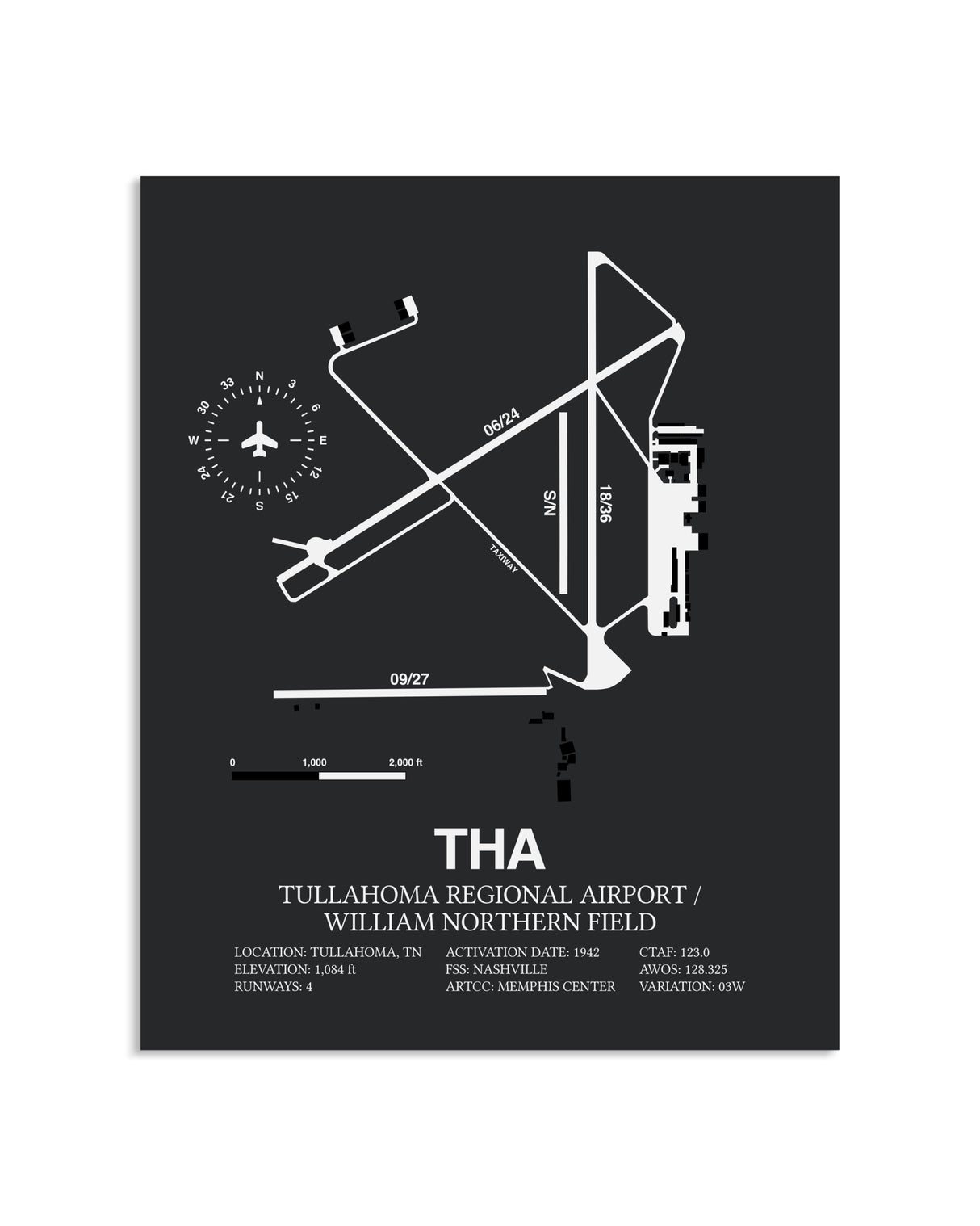Gray Framed Tullahoma Regional Airport / William Northern Field layout wall art poster