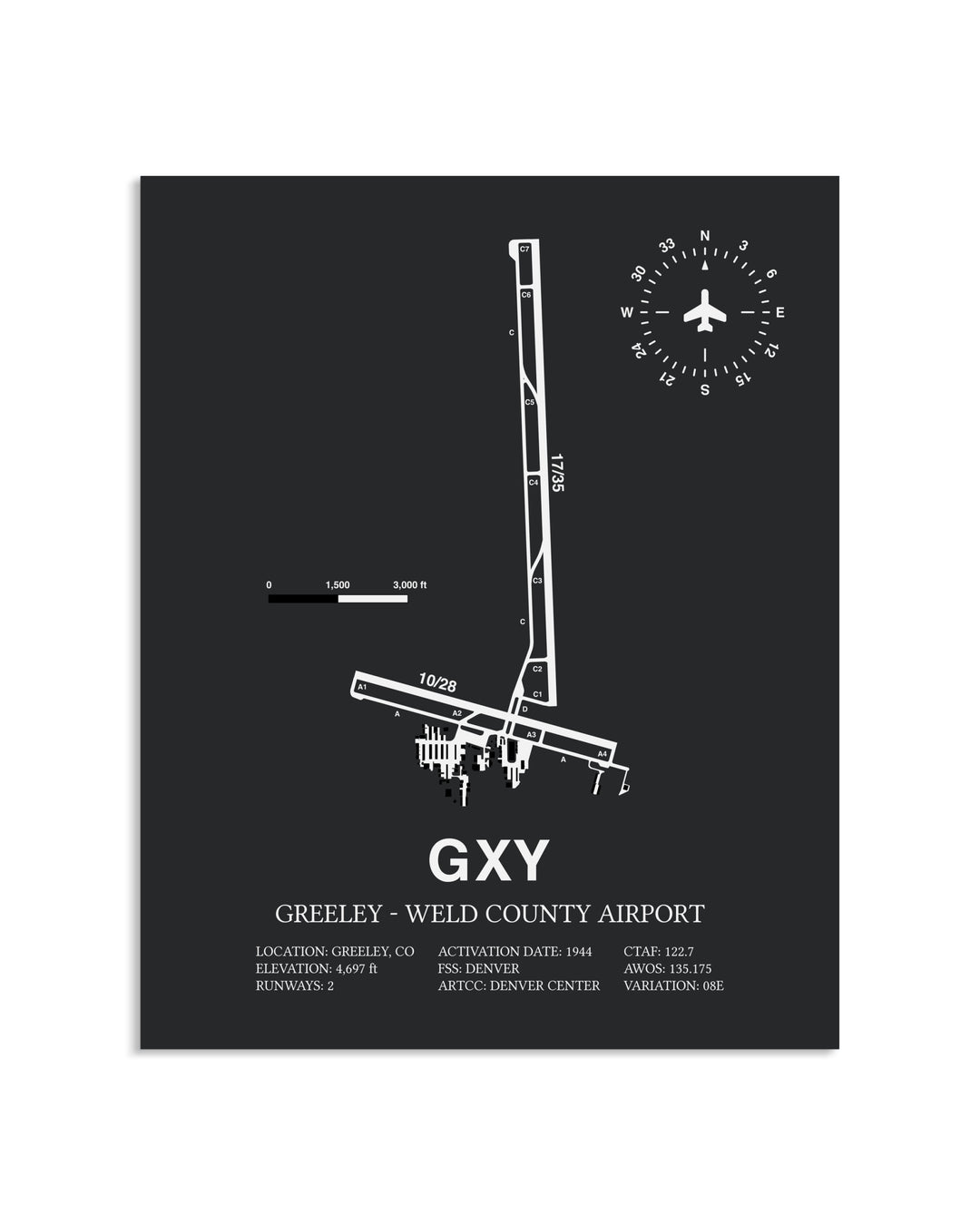 Gray Framed Greeley-Weld County Airport layout wall art poster