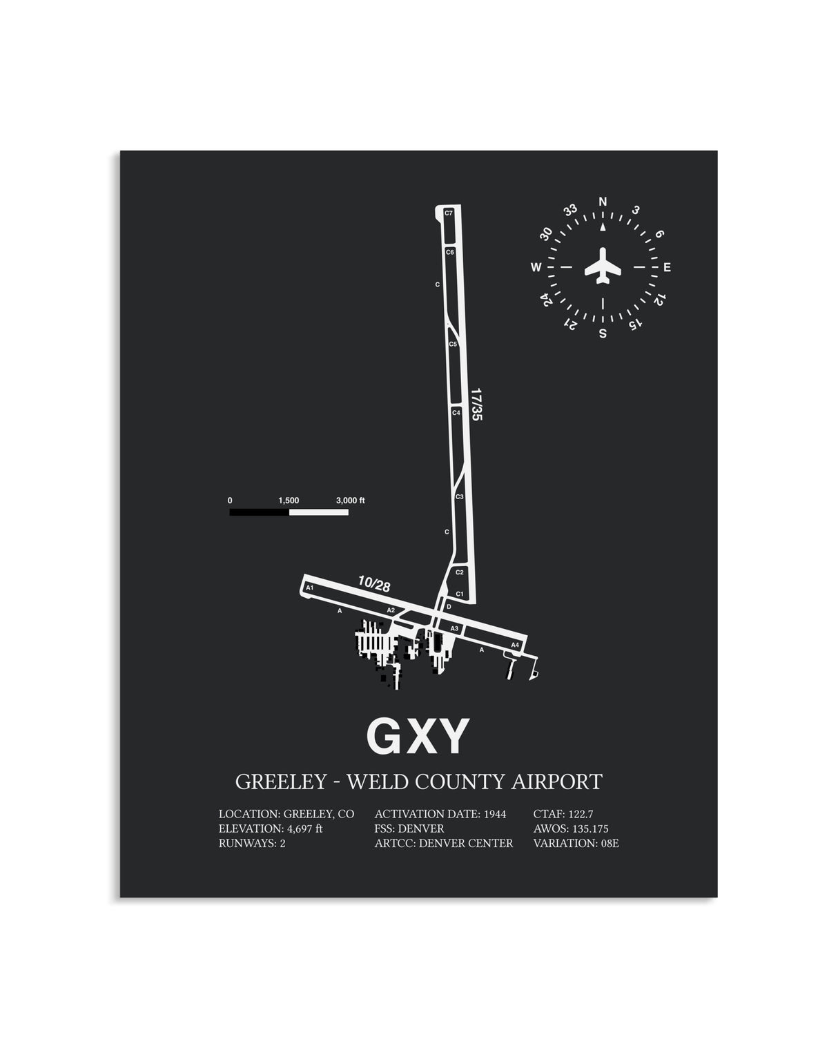Gray Framed Greeley-Weld County Airport layout wall art poster