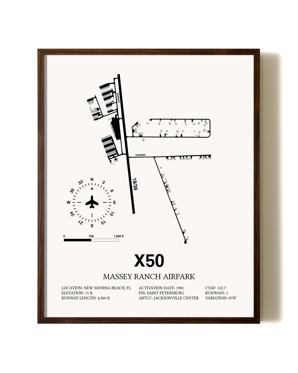Massey Ranch Airpark aviation print in walnut frame