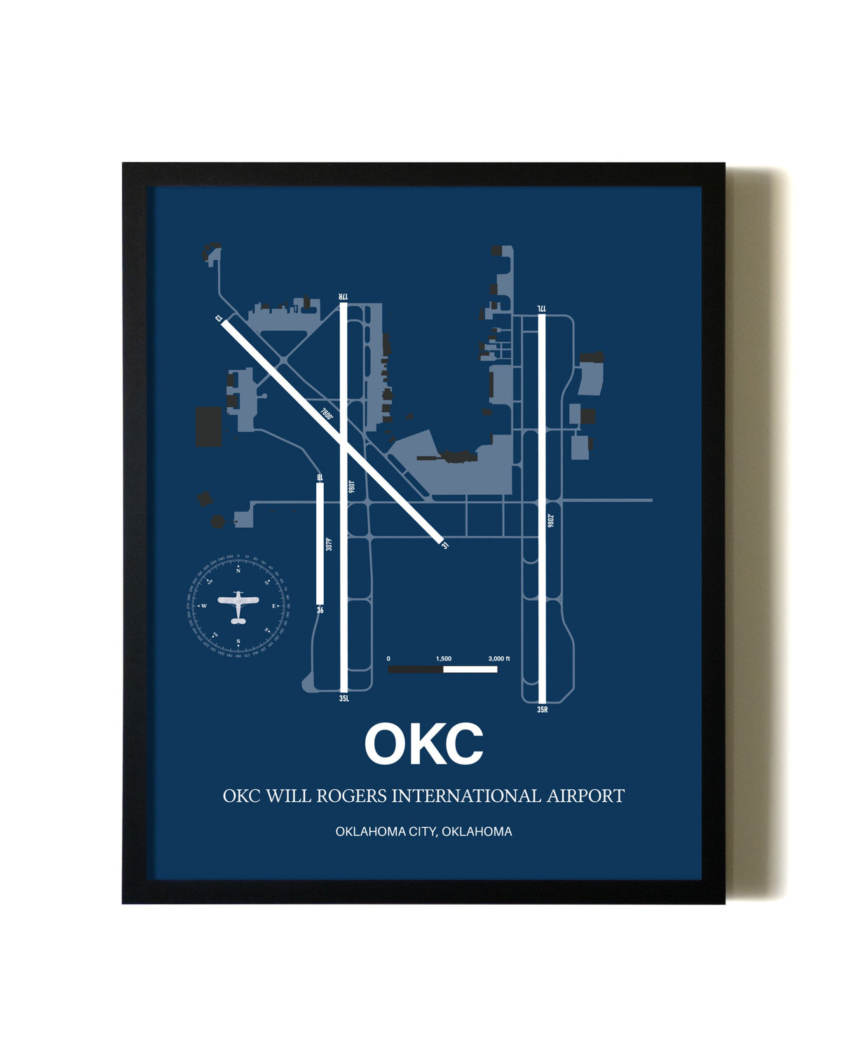 Aviation Blue Framed OKC Will Rogers International Airport layout wall art poster