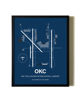 Aviation Blue Framed OKC Will Rogers International Airport layout wall art poster