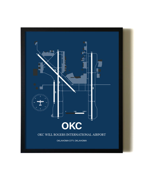 Aviation Blue Framed OKC Will Rogers International Airport layout wall art poster