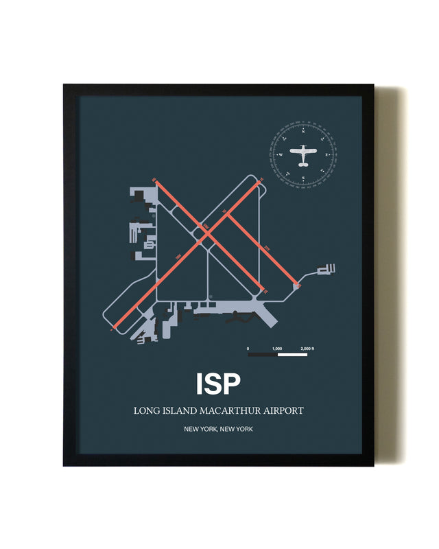 Framed Long Island Mac Arthur Airport wall art poster in black frame