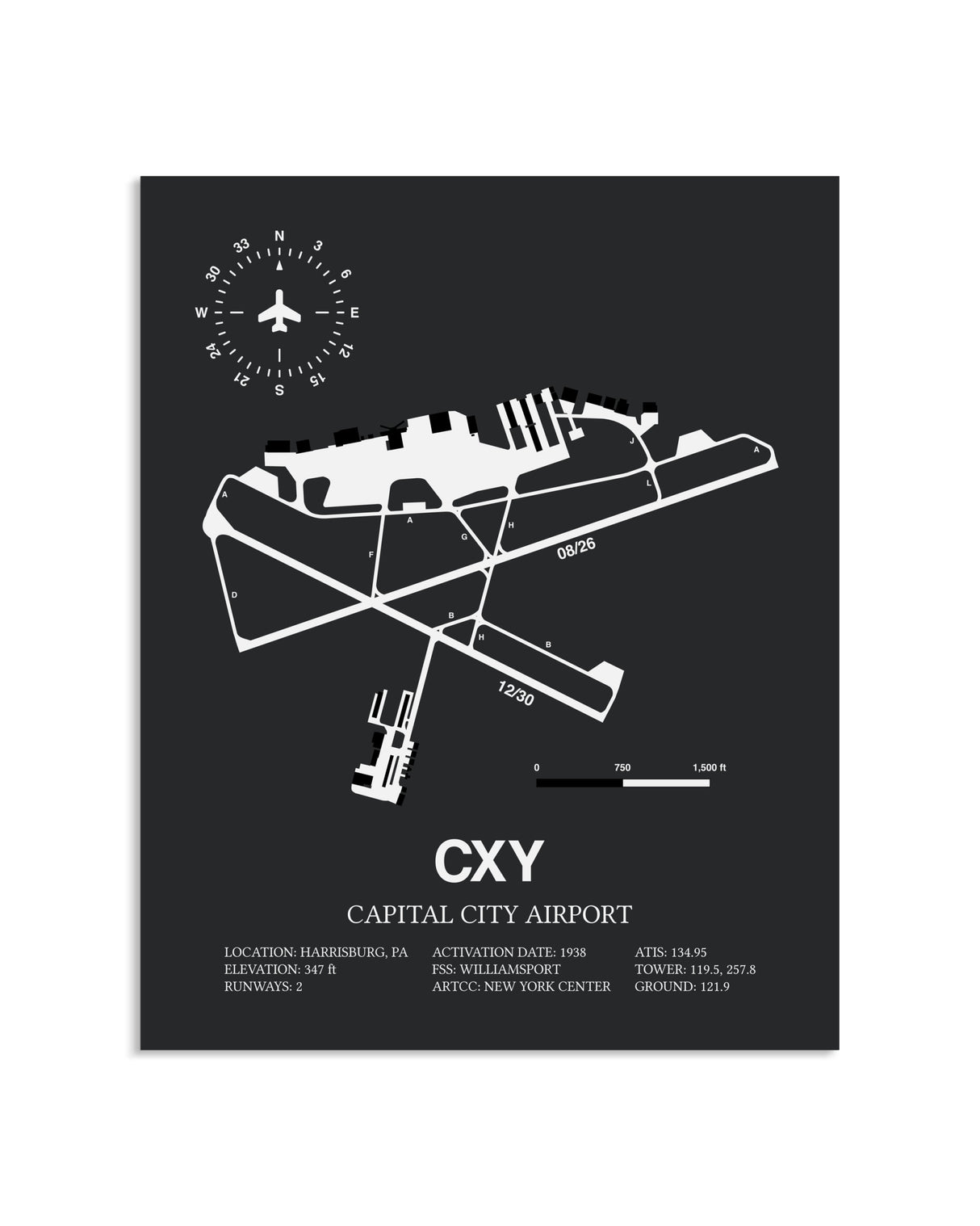 Gray Framed Capital City Airport layout wall art poster