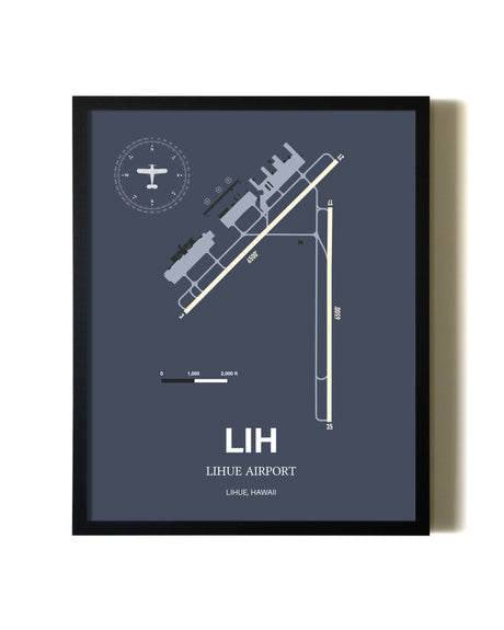 Blue and Cream Framed Lihue Airport layout wall art poster