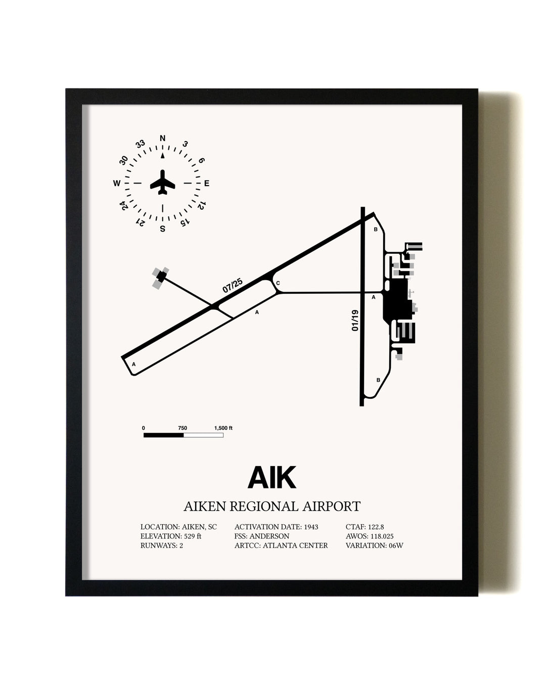 Framed Aiken Regional Airport wall art poster in black frame