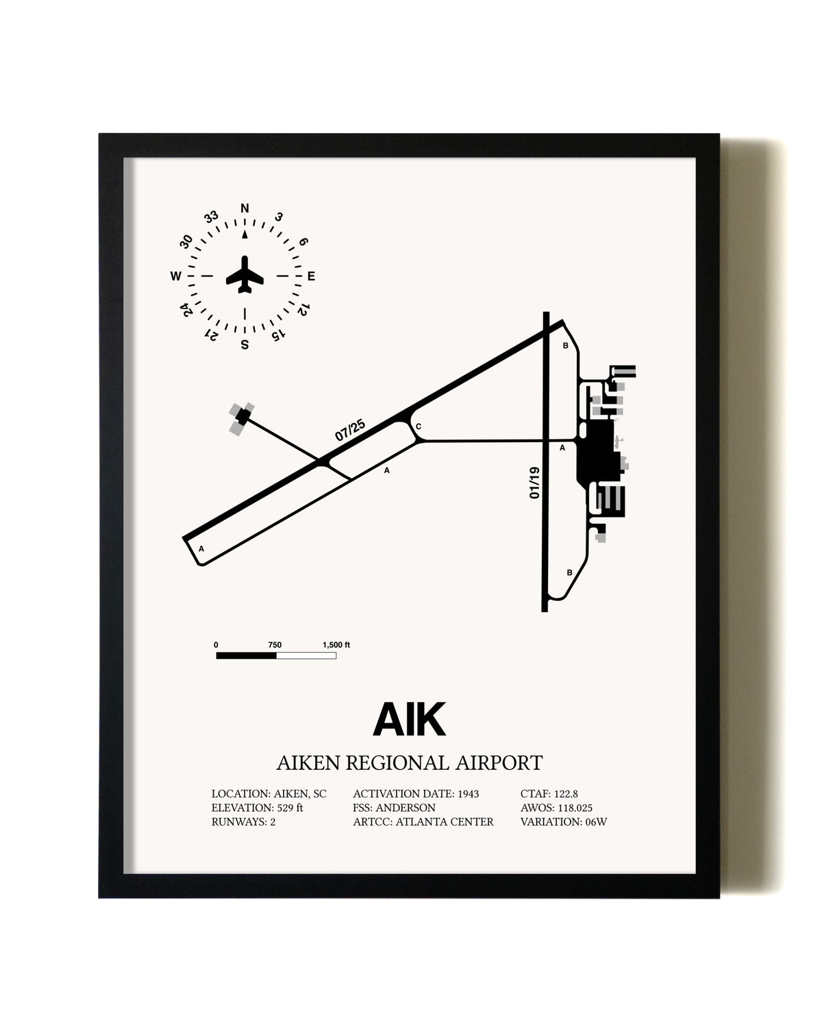 Framed Aiken Regional Airport wall art poster in black frame