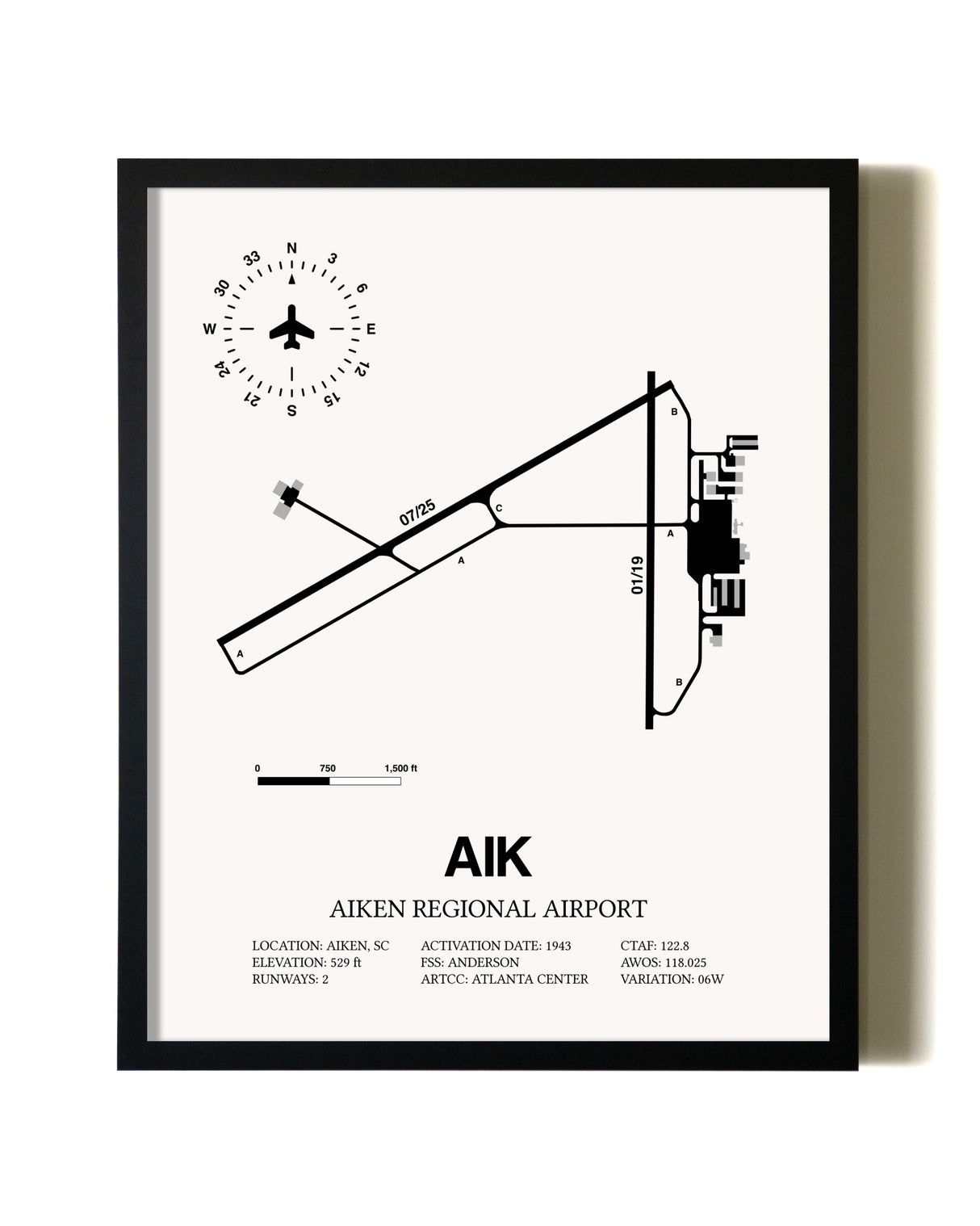 Framed Aiken Regional Airport wall art poster in black frame