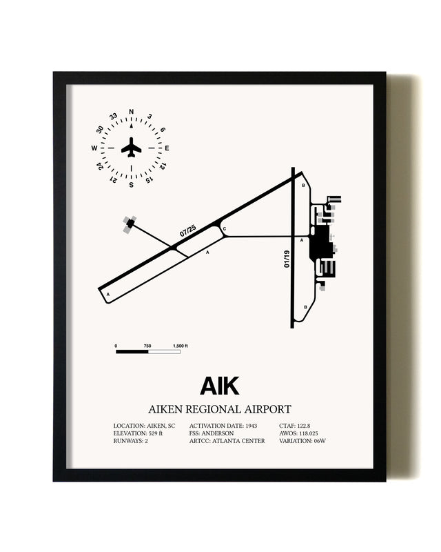 Framed Aiken Regional Airport wall art poster in black frame