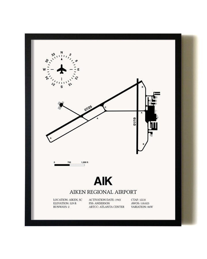 Framed Aiken Regional Airport wall art poster in black frame