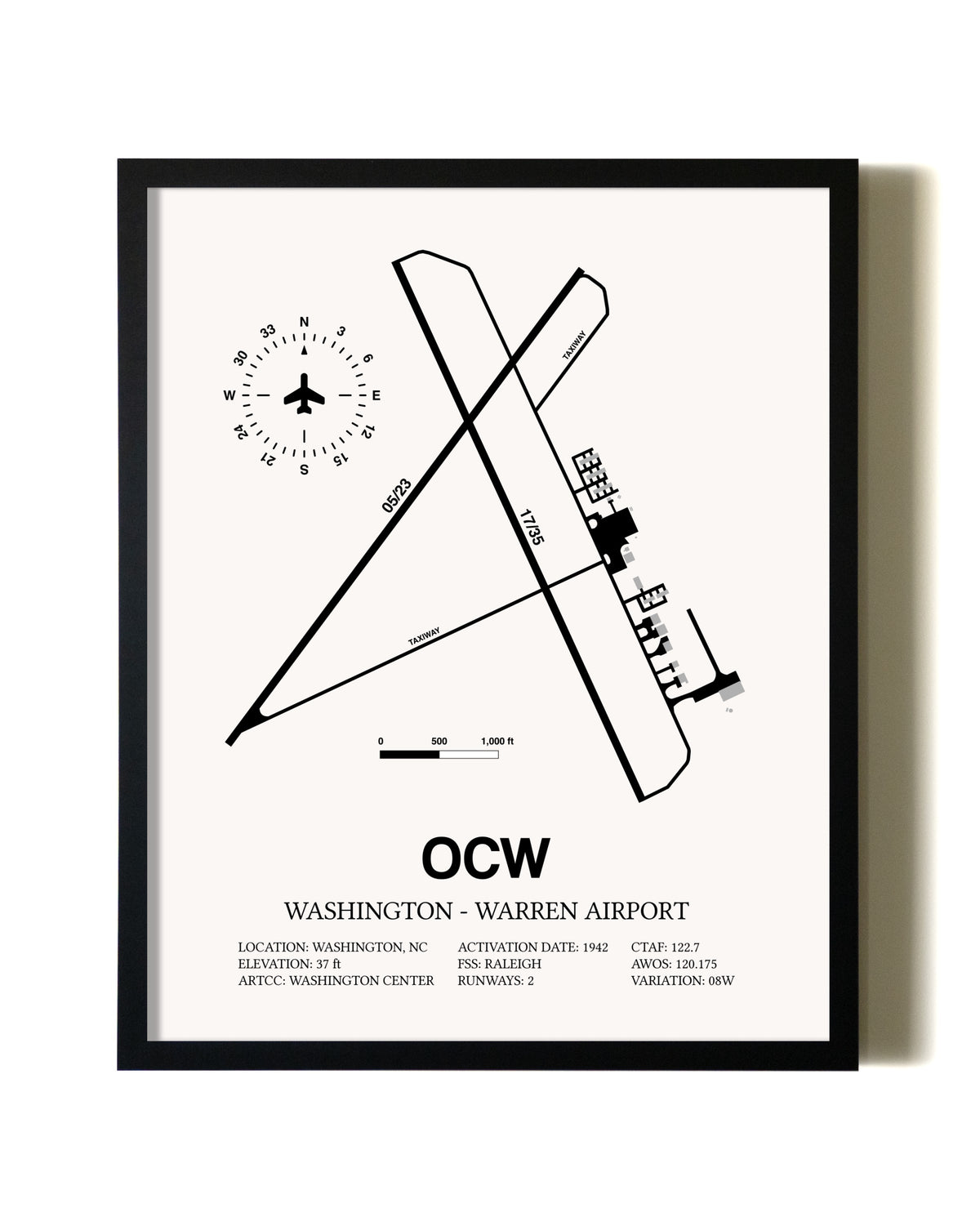 Framed Washington-Warren Airport wall art poster in black frame