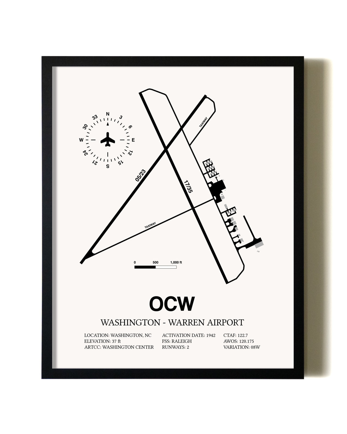 Framed Washington-Warren Airport wall art poster in black frame