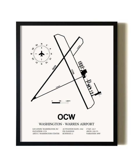 Framed Washington-Warren Airport wall art poster in black frame