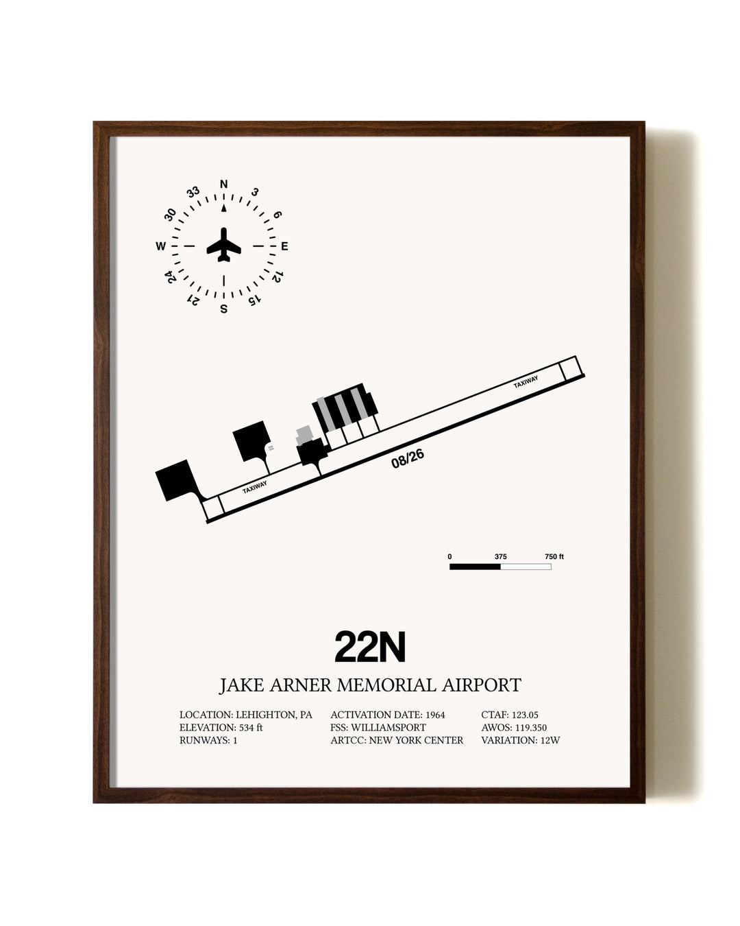 Jake Arner Memorial Airport aviation print in walnut frame