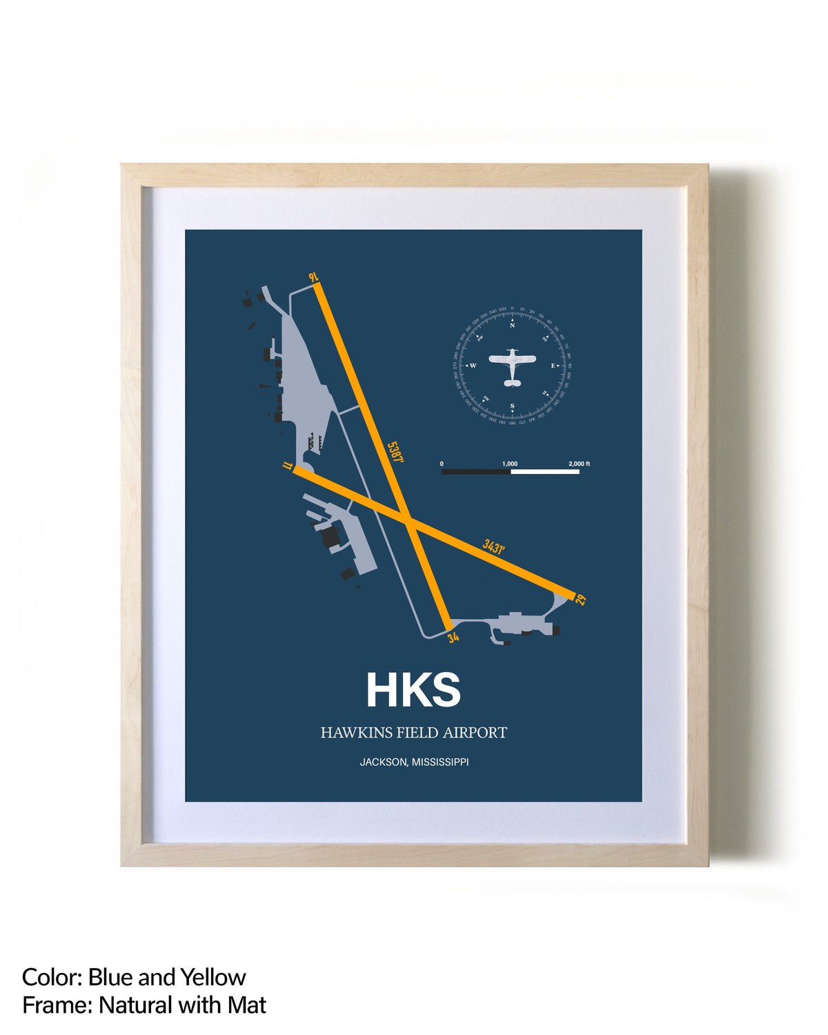 Hawkins Field Airport framed print in natural wood frame with mat
