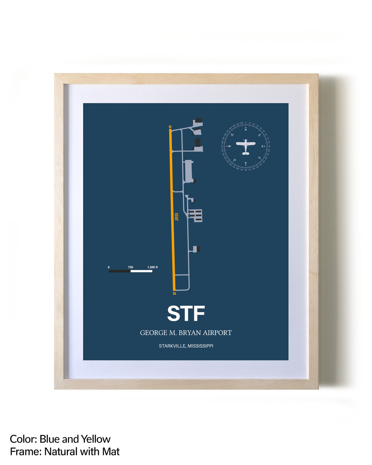 George M. Bryan Airport framed print in natural wood frame with mat