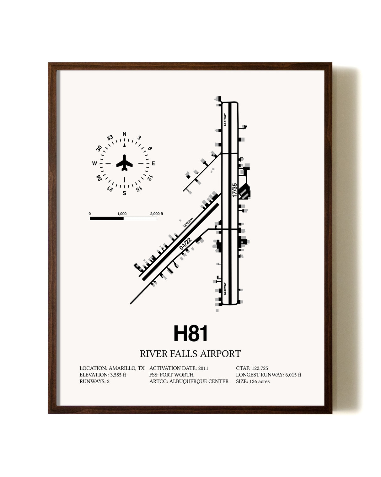 River Falls Airport aviation print in walnut frame