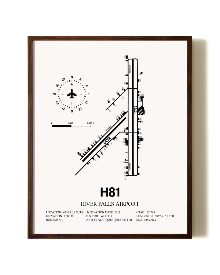 River Falls Airport aviation print in walnut frame