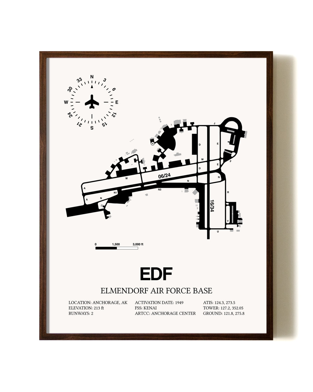 Elmendorf Air Force Base aviation print in walnut frame