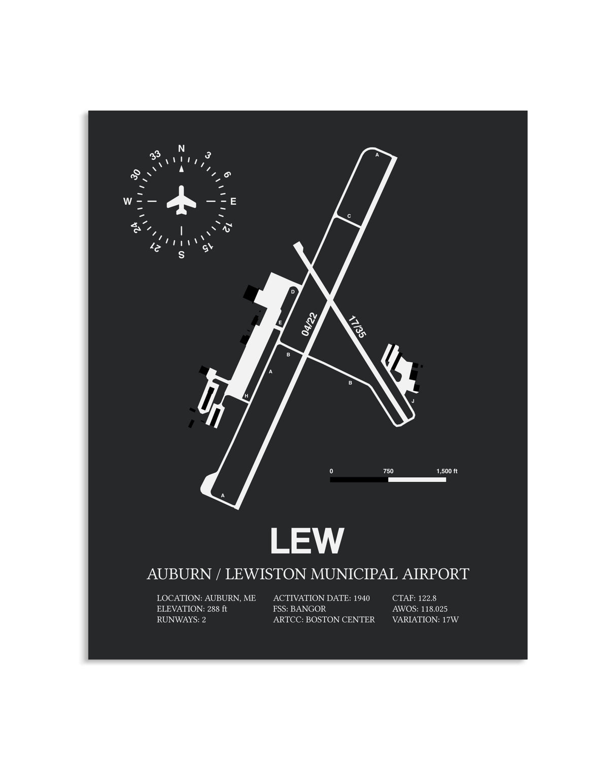 Gray Framed Auburn / Lewiston Municipal Airport layout wall art poster