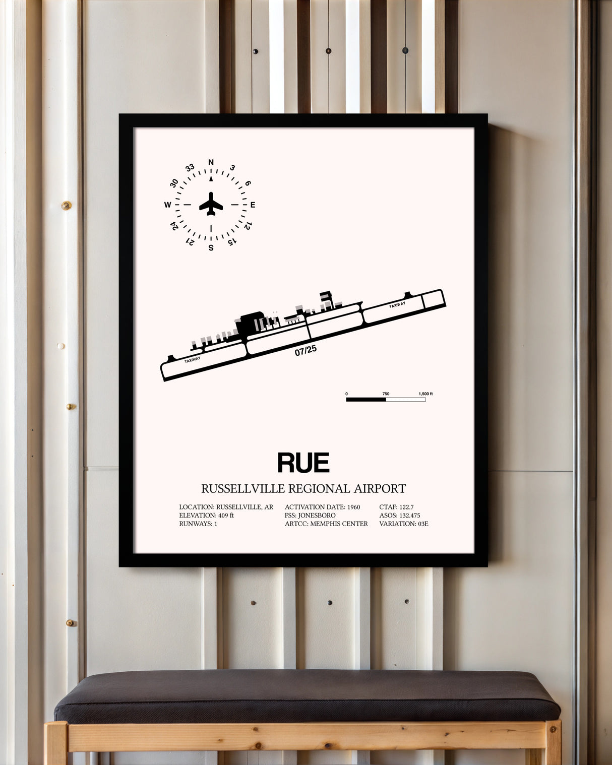 Russellville Regional Airport framed poster displayed in an airplane hangar