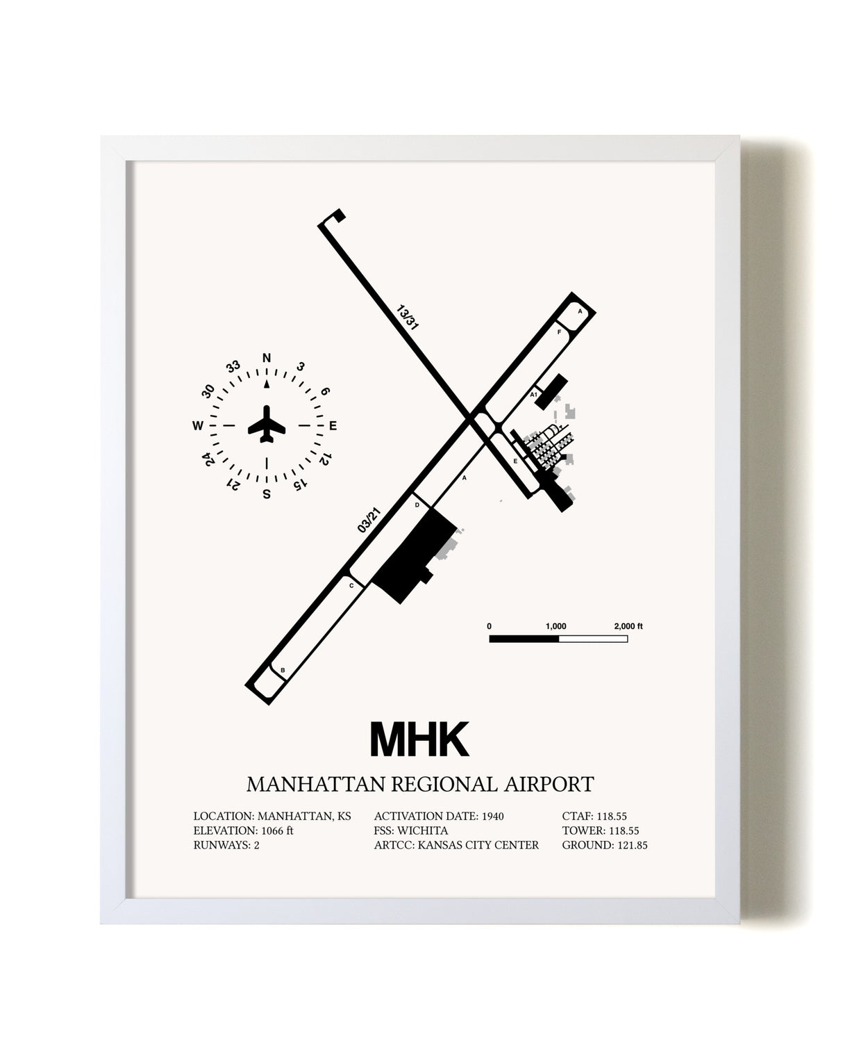 Manhattan Regional Airport airport map poster in oak frame