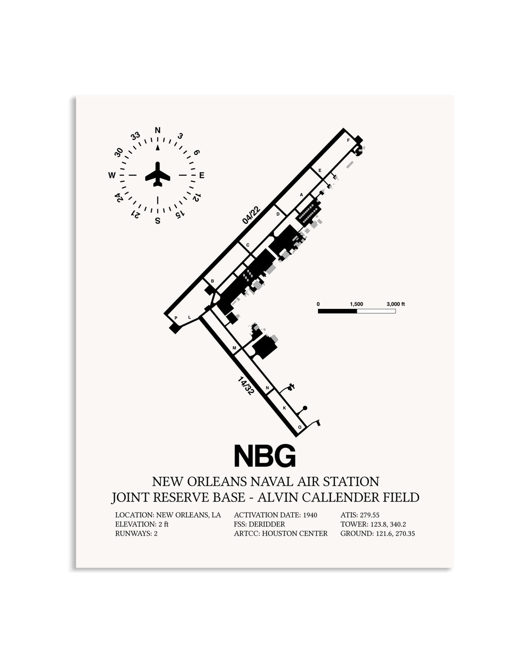 Gray New Orleans Naval Air Station Joint Reserve Base-Alvin Callender Field framed poster displayed in an airplane hangar