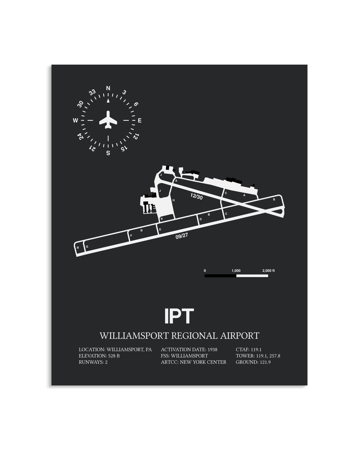 Gray Framed Williamsport Regional Airport layout wall art poster