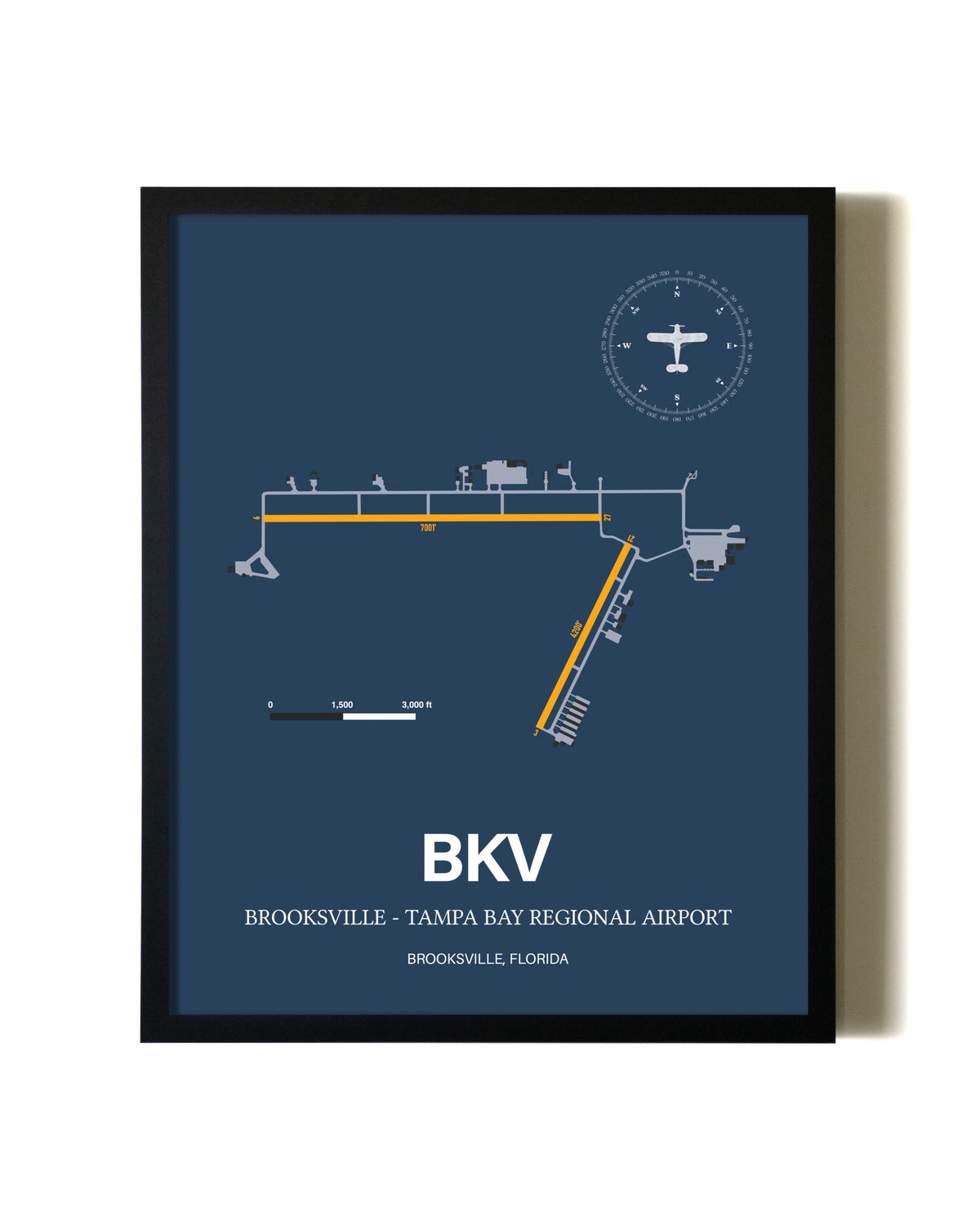 Blue and Yellow Framed Brooksville-Tampa Bay Regional Airport wall art poster in black frame