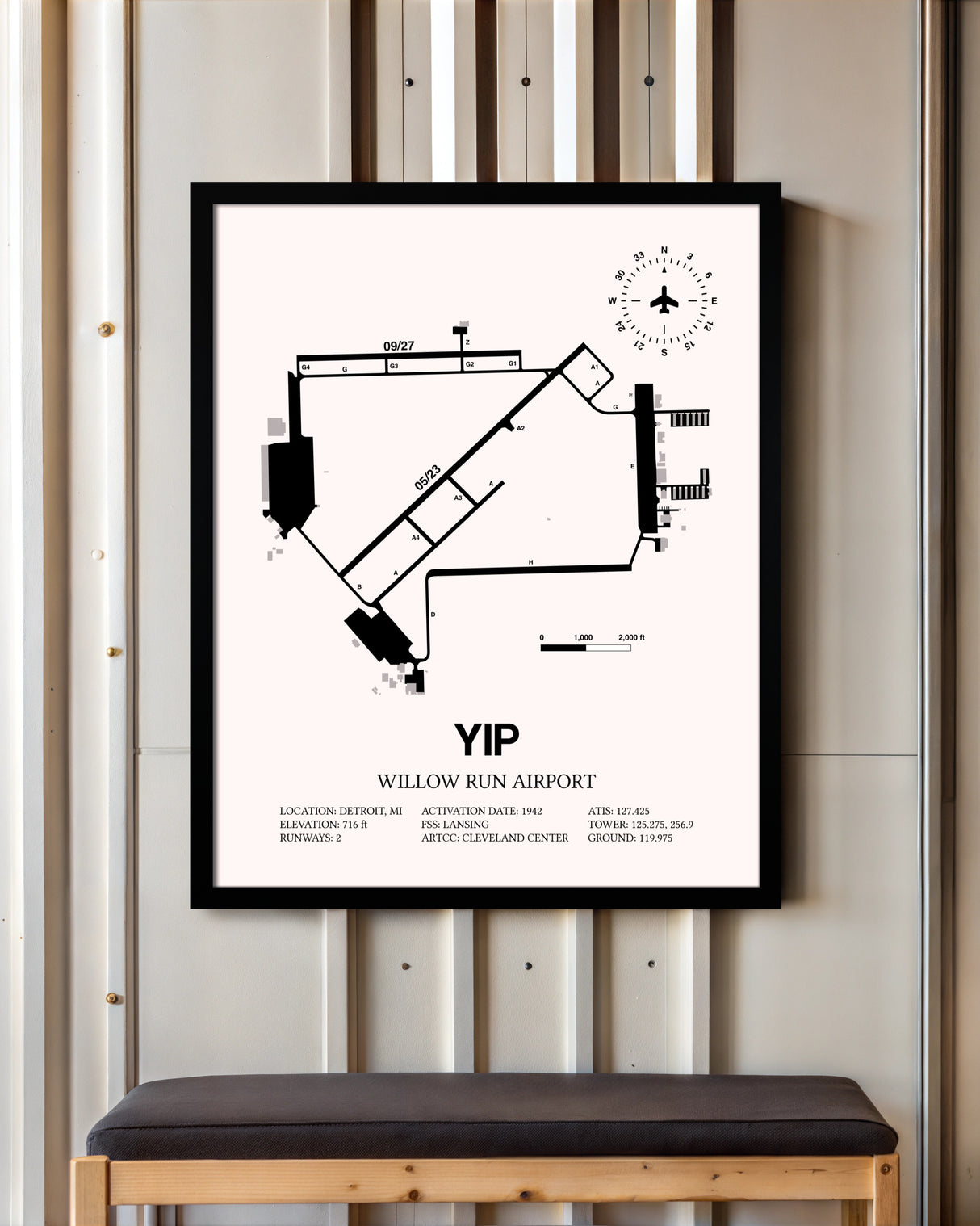 Willow Run Airport framed poster displayed in an airplane hangar