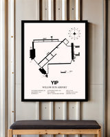 Willow Run Airport framed poster displayed in an airplane hangar