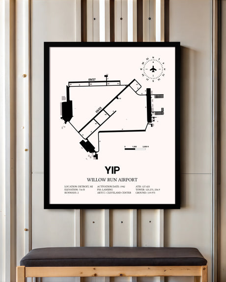Willow Run Airport framed poster displayed in an airplane hangar