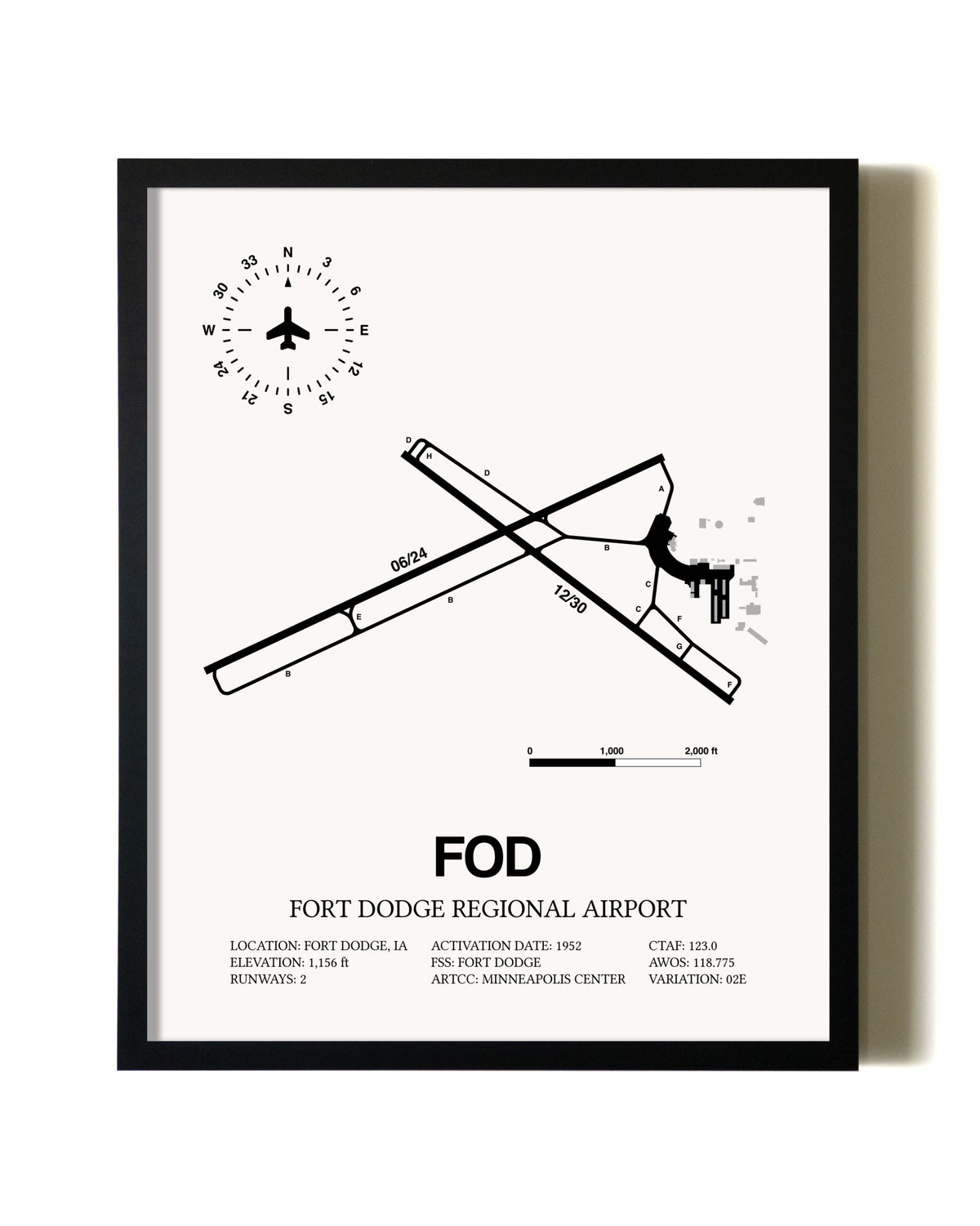 Framed Fort Dodge Regional Airport wall art poster in black frame