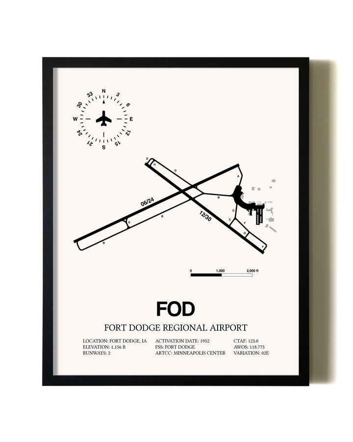 Framed Fort Dodge Regional Airport wall art poster in black frame