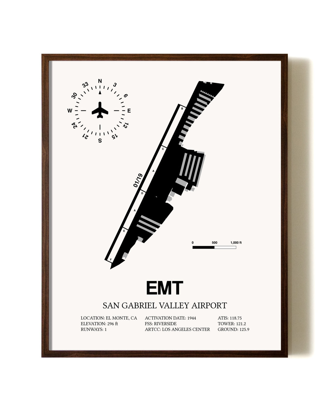 San Gabriel Valley Airport aviation print in walnut frame