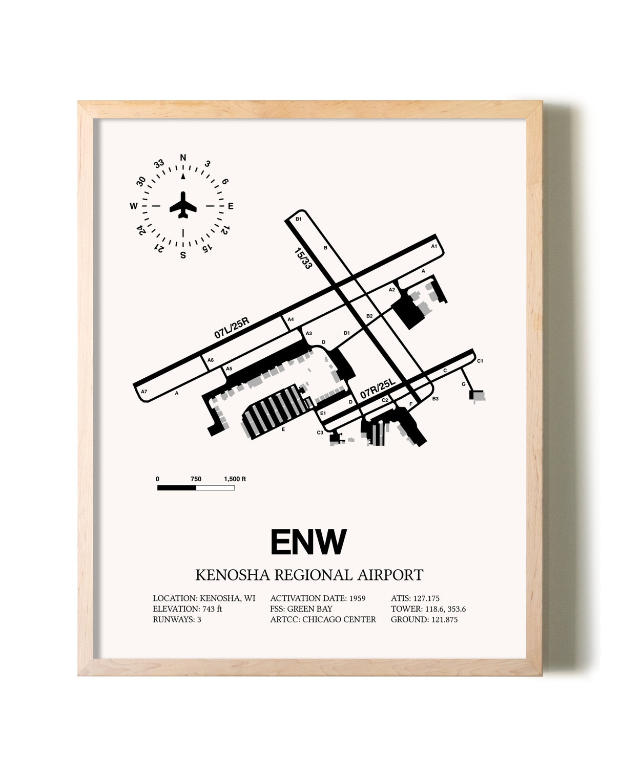 Kenosha Regional Airport framed wall art in white frame