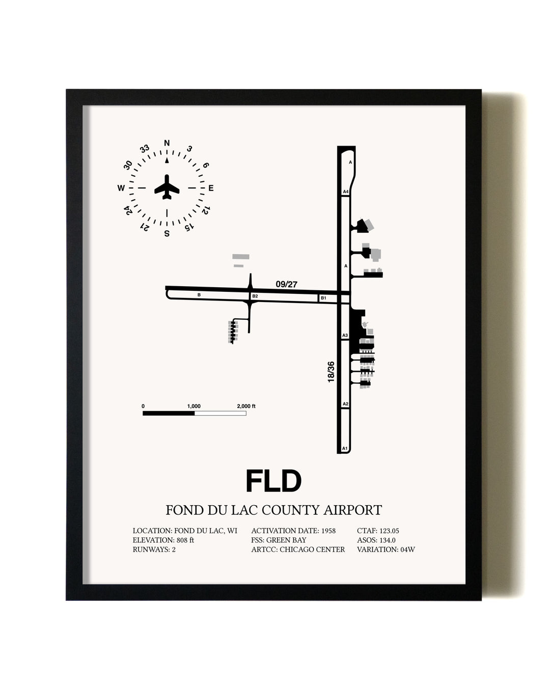 Framed Fond Du Lac County Airport wall art poster in black frame