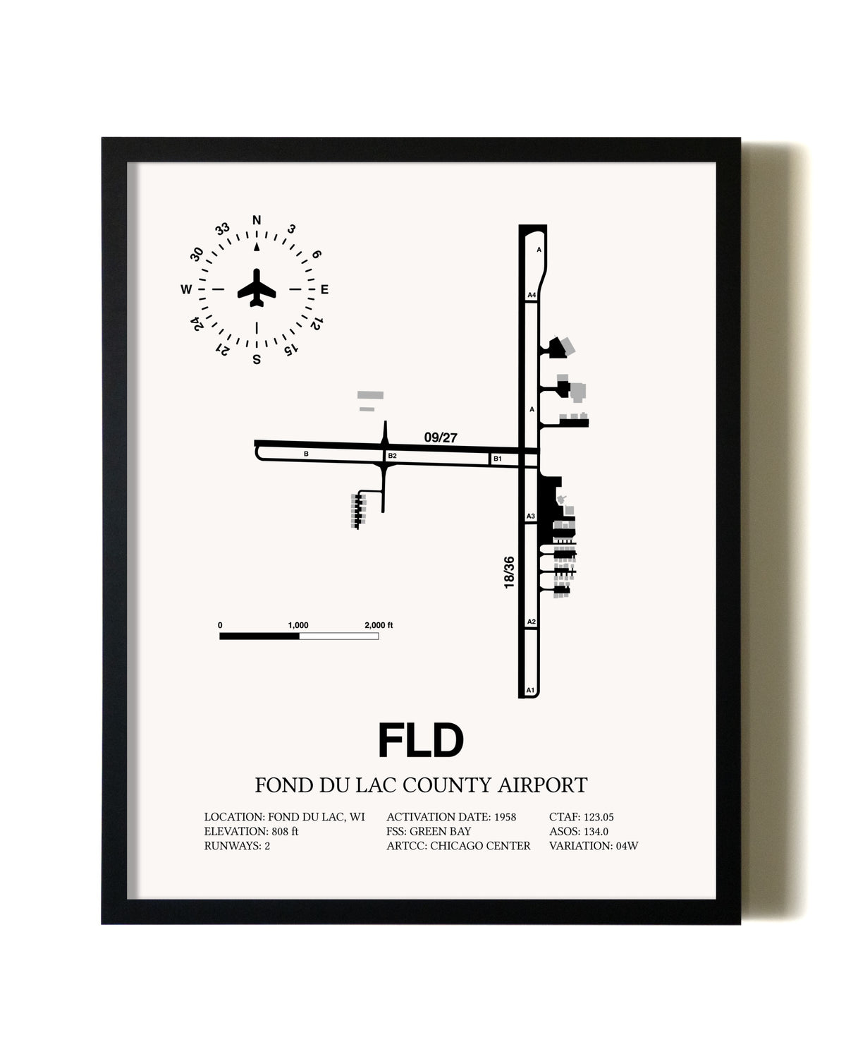 Framed Fond Du Lac County Airport wall art poster in black frame