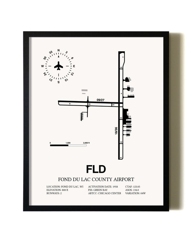 Framed Fond Du Lac County Airport wall art poster in black frame