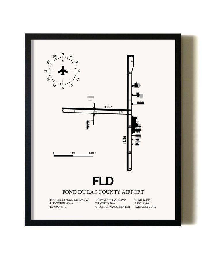 Framed Fond Du Lac County Airport wall art poster in black frame