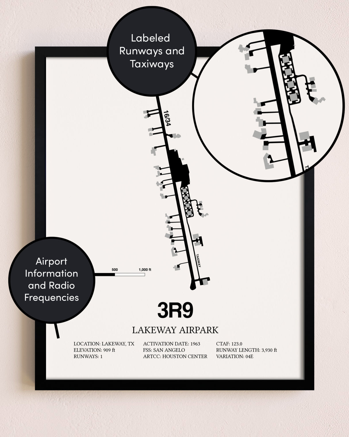 Framed Lakeway Airpark layout wall art poster